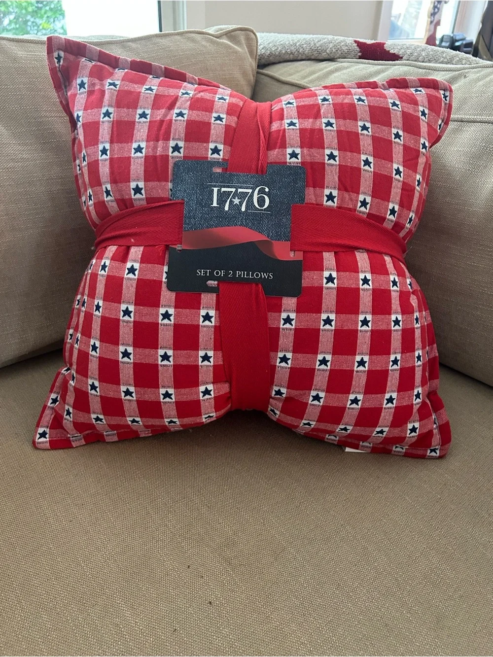 “New” Red Checked with blue stars Decorative Throw Pillows- Set of 2